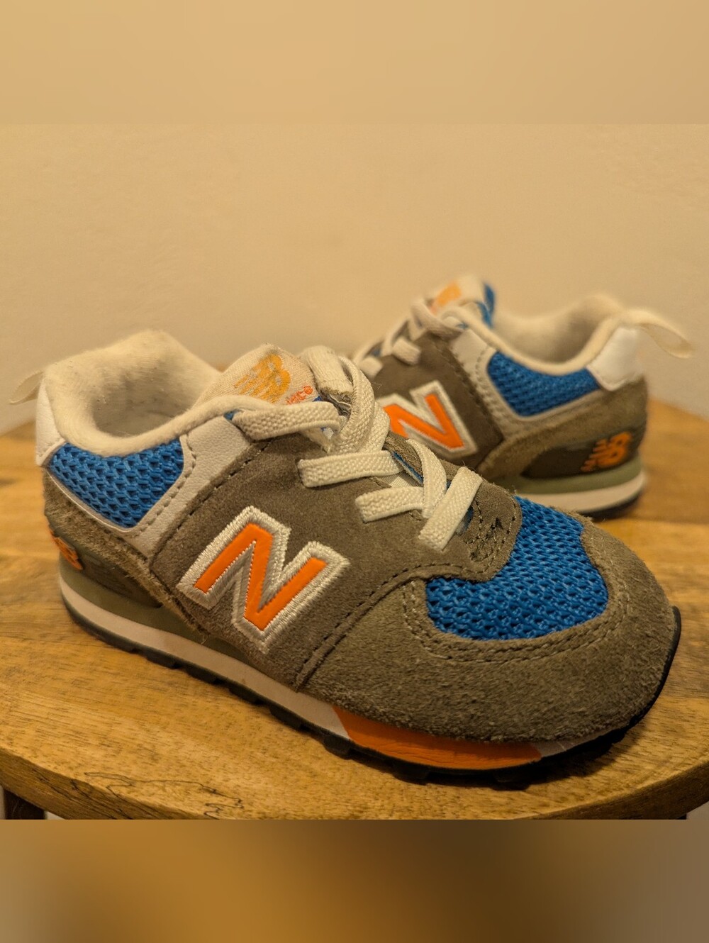 New Balance 574 Athletic Shoes, Baby/Toddler, Gray, Blue, & Orange (SIZE 5)